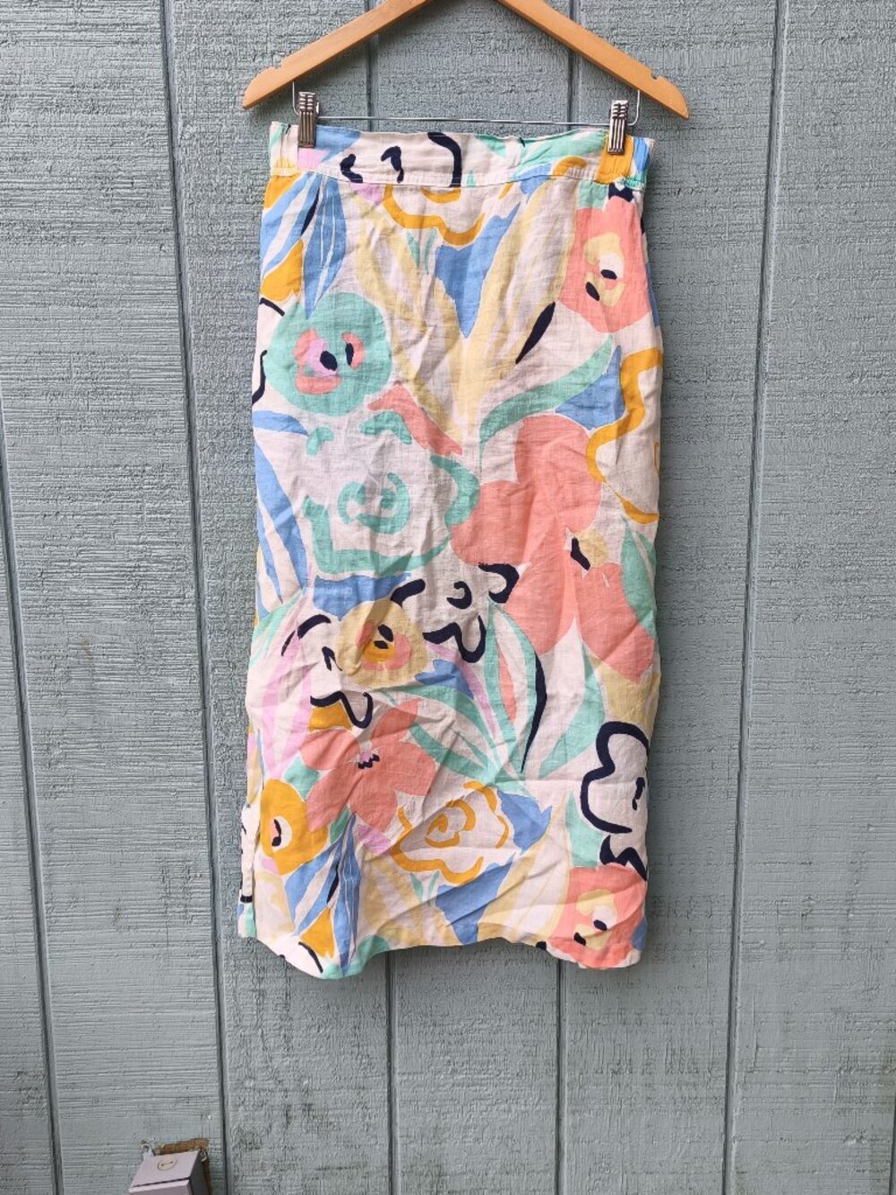 Rachel Zoe 100% Linen Abstract Floral Maxi Skirt sz M Ivory Multi Coastal Beach